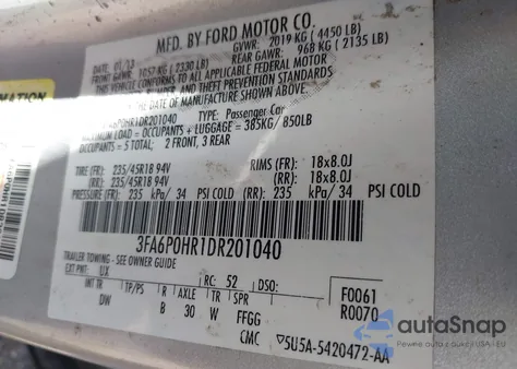 2013 Ford Fusion Se from USA, damaged, VIN 3FA6P0HR1DR201040